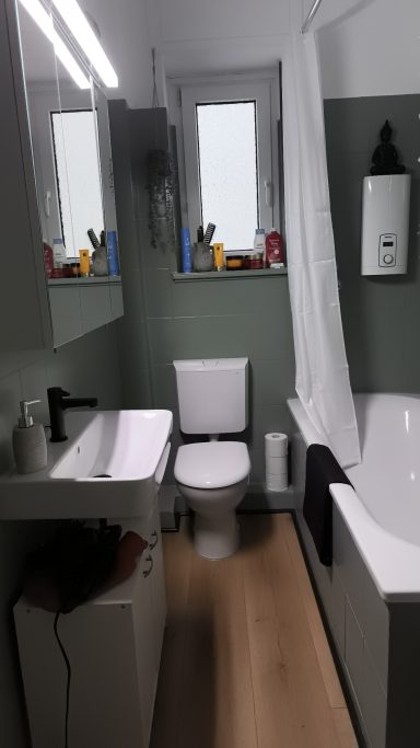 Modernes Badezimmer mit Toilette, Waschbecken, Badewanne und großen Spiegeln.